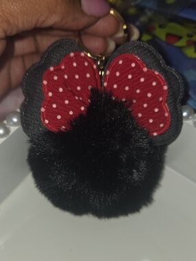 NEW...Black Pom Pom Keychain with Red Polka Dot Bow